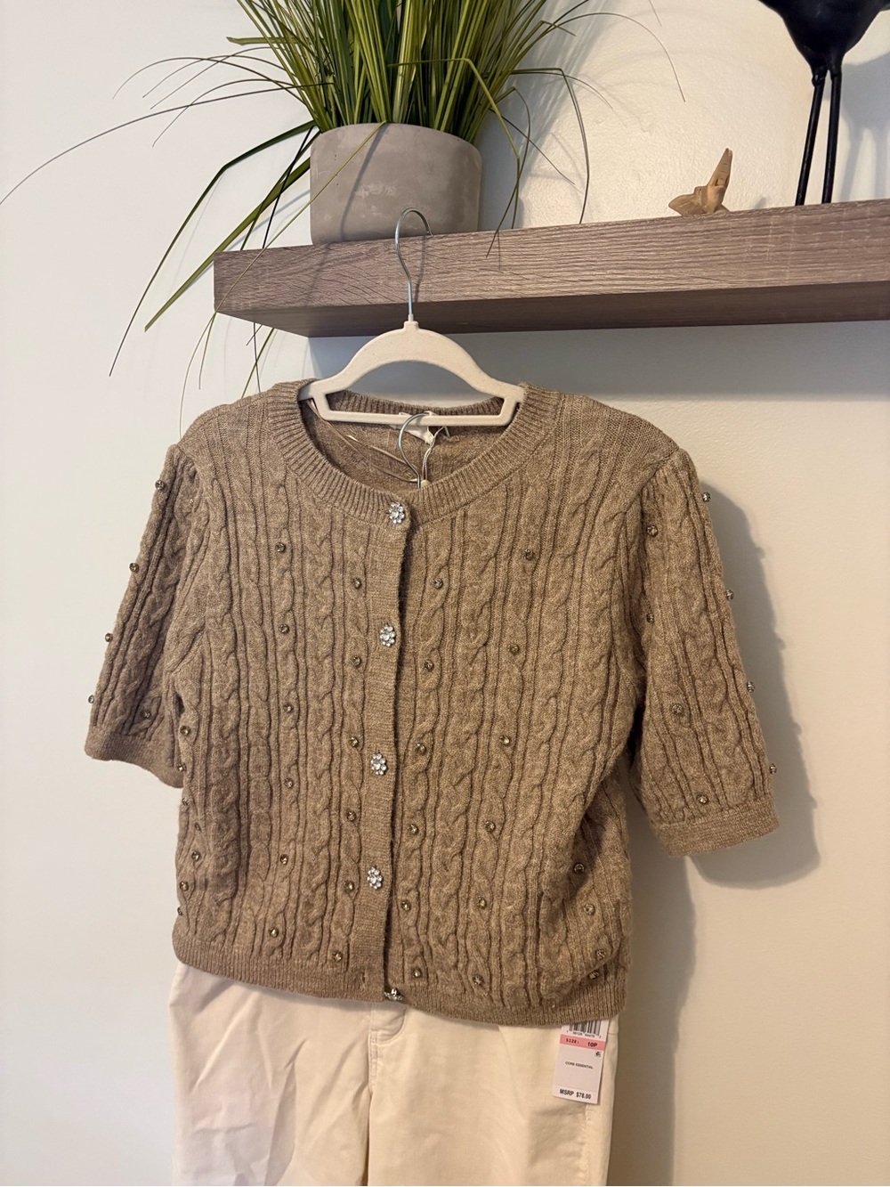 Beaded Cable-Knit Short-Sleeve Cardigan - Taupe